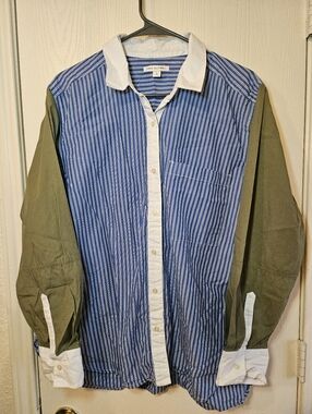 Free Assembly Women's Striped Cotton Button-Down Shirt Blue Green Long Sleeve L
